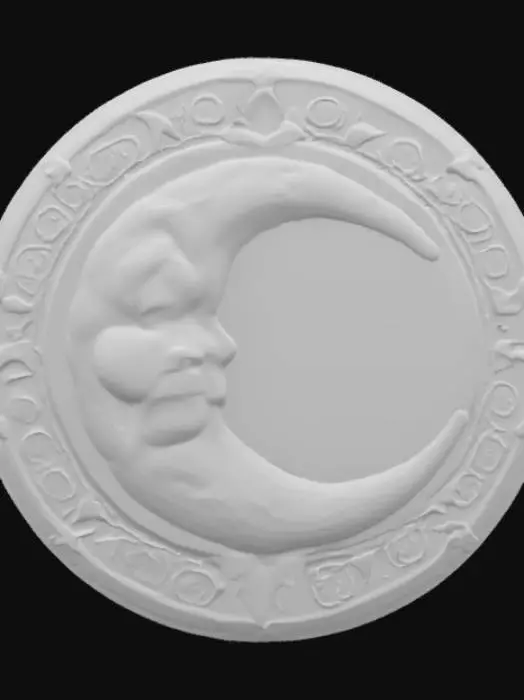 3D model for A magical fantasy emblem made from enchanted silver and glowing moonstone, shaped into a circular sigil with a crescent moon cradling an eye of sapphire. Intricate elven inscriptions spiral across its surface, shimmering faintly in moonlight hues. Delicate arcane lines pulse gently around the eye, symbolizing wisdom, protection, and celestial magic. The edges are adorned with ethereal feathers and celestial dust patterns. Designed in a semi-realistic 3D stylized style, ready for 3D modeling and animation workflows. , #emblem#