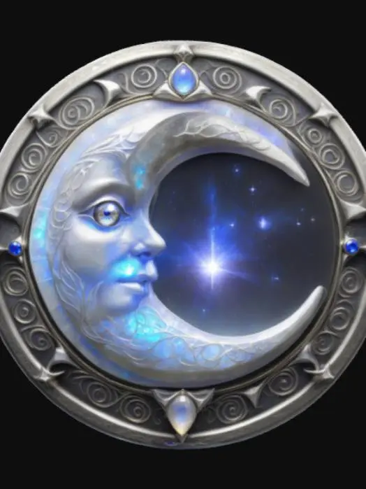 3D model for A magical fantasy emblem made from enchanted silver and glowing moonstone, shaped into a circular sigil with a crescent moon cradling an eye of sapphire. Intricate elven inscriptions spiral across its surface, shimmering faintly in moonlight hues. Delicate arcane lines pulse gently around the eye, symbolizing wisdom, protection, and celestial magic. The edges are adorned with ethereal feathers and celestial dust patterns. Designed in a semi-realistic 3D stylized style, ready for 3D modeling and animation workflows. , #emblem#