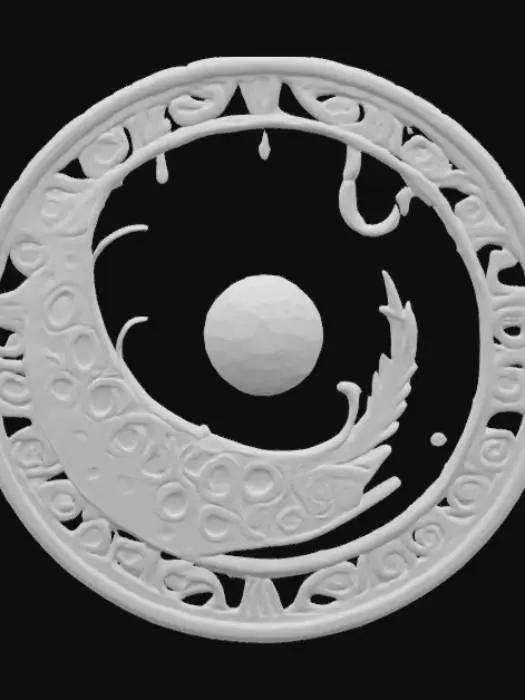 3D model for A magical fantasy emblem made from enchanted silver and glowing moonstone, shaped into a circular sigil with a crescent moon cradling an eye of sapphire. Intricate elven inscriptions spiral across its surface, shimmering faintly in moonlight hues. Delicate arcane lines pulse gently around the eye, symbolizing wisdom, protection, and celestial magic. The edges are adorned with ethereal feathers and celestial dust patterns. Designed in a semi-realistic 3D stylized style, ready for 3D modeling and animation workflows. , #emblem#