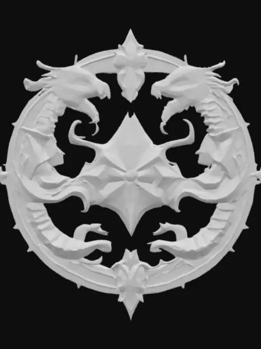 3D model for A magical fantasy emblem made from blackened steel and void crystal, shaped like a broken circle with intertwining serpents forming a dual-headed sigil. The crystal eyes glow faintly with violet energy, and shadow tendrils stretch from the edges like smoke frozen in time. Mysterious glyphs are engraved in a forgotten language, representing secrecy, forbidden magic, and illusion. Designed in a semi-realistic 3D stylized style, ready for 3D modeling and animation workflows. , #emblem#