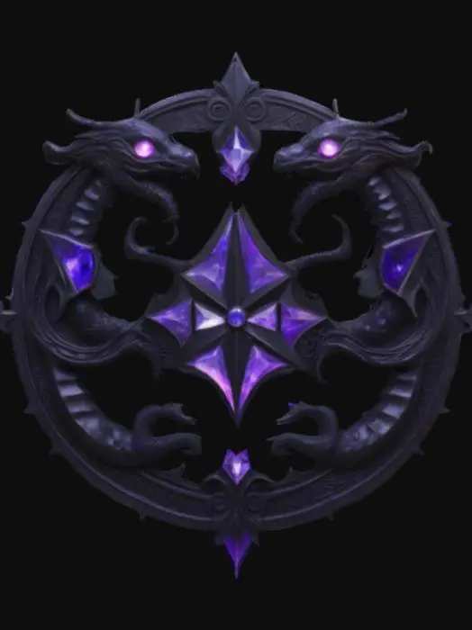 3D model for A magical fantasy emblem made from blackened steel and void crystal, shaped like a broken circle with intertwining serpents forming a dual-headed sigil. The crystal eyes glow faintly with violet energy, and shadow tendrils stretch from the edges like smoke frozen in time. Mysterious glyphs are engraved in a forgotten language, representing secrecy, forbidden magic, and illusion. Designed in a semi-realistic 3D stylized style, ready for 3D modeling and animation workflows. , #emblem#