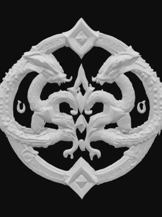3D model for A magical fantasy emblem made from blackened steel and void crystal, shaped like a broken circle with intertwining serpents forming a dual-headed sigil. The crystal eyes glow faintly with violet energy, and shadow tendrils stretch from the edges like smoke frozen in time. Mysterious glyphs are engraved in a forgotten language, representing secrecy, forbidden magic, and illusion. Designed in a semi-realistic 3D stylized style, ready for 3D modeling and animation workflows. , #emblem#