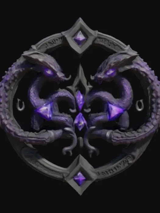 3D model for A magical fantasy emblem made from blackened steel and void crystal, shaped like a broken circle with intertwining serpents forming a dual-headed sigil. The crystal eyes glow faintly with violet energy, and shadow tendrils stretch from the edges like smoke frozen in time. Mysterious glyphs are engraved in a forgotten language, representing secrecy, forbidden magic, and illusion. Designed in a semi-realistic 3D stylized style, ready for 3D modeling and animation workflows. , #emblem#