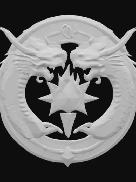 3D model for A magical fantasy emblem forged from dragonbone and burnished gold, shaped into a round crest with twin dragon heads facing opposite directions, encircling a central ruby flame. Scales and horns detail the surface, with ornate royal runes surrounding the core. It symbolizes power, legacy, and bloodlines of ancient dragonriders. The emblem radiates nobility and raw elemental strength. Designed in a semi-realistic 3D stylized style, ready for 3D modeling and animation workflows. , #emblem#
