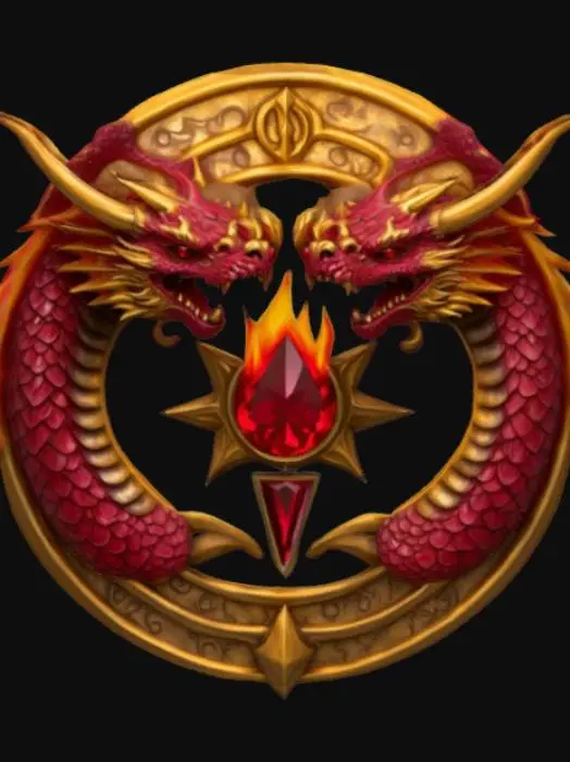3D model for A magical fantasy emblem forged from dragonbone and burnished gold, shaped into a round crest with twin dragon heads facing opposite directions, encircling a central ruby flame. Scales and horns detail the surface, with ornate royal runes surrounding the core. It symbolizes power, legacy, and bloodlines of ancient dragonriders. The emblem radiates nobility and raw elemental strength. Designed in a semi-realistic 3D stylized style, ready for 3D modeling and animation workflows. , #emblem#