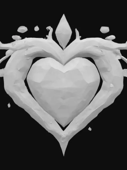 3D model for A magical fantasy emblem crafted from ancient oakwood and glowing green crystal, shaped like a leaf-veined heart encased in intertwining vines. Small forest spirits and runes are embedded subtly in the wood, pulsating with druidic energy. It represents life, nature’s will, and harmony with the wilds. Textures combine mossy bark, living roots, and natural crystal veins. Designed in a semi-realistic 3D stylized style, ready for 3D modeling and animation workflows. , #emblem#