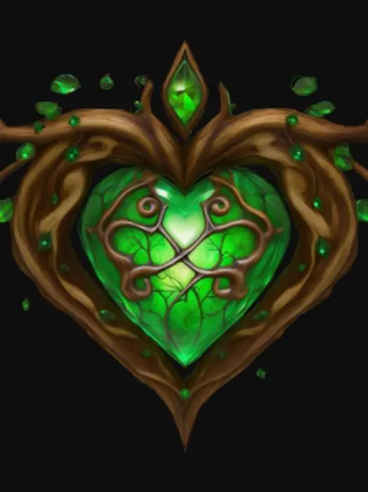 3D model for A magical fantasy emblem crafted from ancient oakwood and glowing green crystal, shaped like a leaf-veined heart encased in intertwining vines. Small forest spirits and runes are embedded subtly in the wood, pulsating with druidic energy. It represents life, nature’s will, and harmony with the wilds. Textures combine mossy bark, living roots, and natural crystal veins. Designed in a semi-realistic 3D stylized style, ready for 3D modeling and animation workflows. , #emblem#