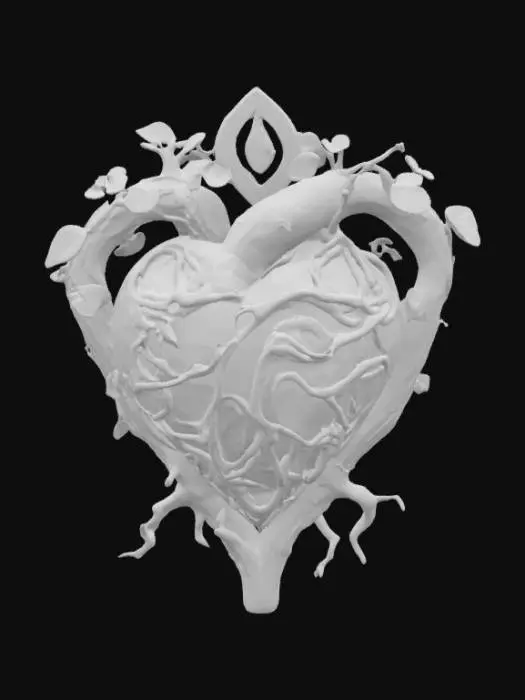 3D model for A magical fantasy emblem crafted from ancient oakwood and glowing green crystal, shaped like a leaf-veined heart encased in intertwining vines. Small forest spirits and runes are embedded subtly in the wood, pulsating with druidic energy. It represents life, nature’s will, and harmony with the wilds. Textures combine mossy bark, living roots, and natural crystal veins. Designed in a semi-realistic 3D stylized style, ready for 3D modeling and animation workflows. , #emblem#