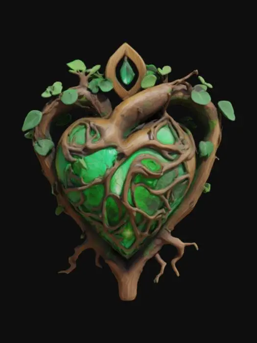3D model for A magical fantasy emblem crafted from ancient oakwood and glowing green crystal, shaped like a leaf-veined heart encased in intertwining vines. Small forest spirits and runes are embedded subtly in the wood, pulsating with druidic energy. It represents life, nature’s will, and harmony with the wilds. Textures combine mossy bark, living roots, and natural crystal veins. Designed in a semi-realistic 3D stylized style, ready for 3D modeling and animation workflows. , #emblem#