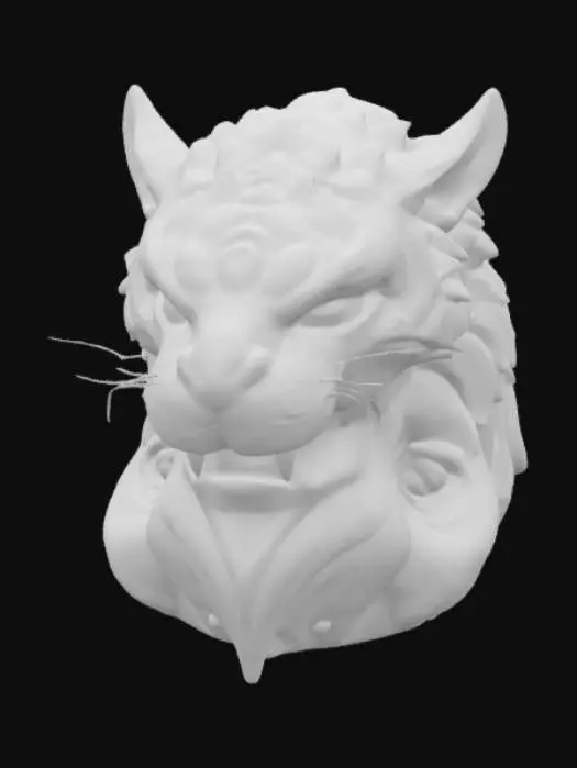 3D model for A magical fantasy emblem made of volcanic stone and smoky quartz, carved in the form of a roaring tiger's head emerging from swirling mist. The eyes blaze with ember light, and tribal markings glow faintly across the surface. It represents strength, agility, and honor within an ancient warrior clan. The textures combine rugged stone with smooth, smoke-patterned surfaces. Designed in a semi-realistic 3D stylized style, ready for 3D modeling and animation workflows. , #emblem#