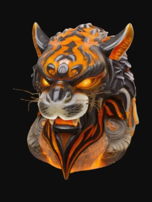 3D model for A magical fantasy emblem made of volcanic stone and smoky quartz, carved in the form of a roaring tiger's head emerging from swirling mist. The eyes blaze with ember light, and tribal markings glow faintly across the surface. It represents strength, agility, and honor within an ancient warrior clan. The textures combine rugged stone with smooth, smoke-patterned surfaces. Designed in a semi-realistic 3D stylized style, ready for 3D modeling and animation workflows. , #emblem#
