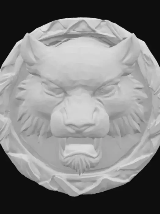 3D model for A magical fantasy emblem made of volcanic stone and smoky quartz, carved in the form of a roaring tiger's head emerging from swirling mist. The eyes blaze with ember light, and tribal markings glow faintly across the surface. It represents strength, agility, and honor within an ancient warrior clan. The textures combine rugged stone with smooth, smoke-patterned surfaces. Designed in a semi-realistic 3D stylized style, ready for 3D modeling and animation workflows. , #emblem#