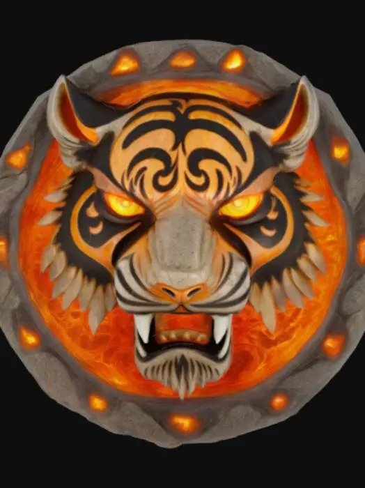 3D model for A magical fantasy emblem made of volcanic stone and smoky quartz, carved in the form of a roaring tiger's head emerging from swirling mist. The eyes blaze with ember light, and tribal markings glow faintly across the surface. It represents strength, agility, and honor within an ancient warrior clan. The textures combine rugged stone with smooth, smoke-patterned surfaces. Designed in a semi-realistic 3D stylized style, ready for 3D modeling and animation workflows. , #emblem#