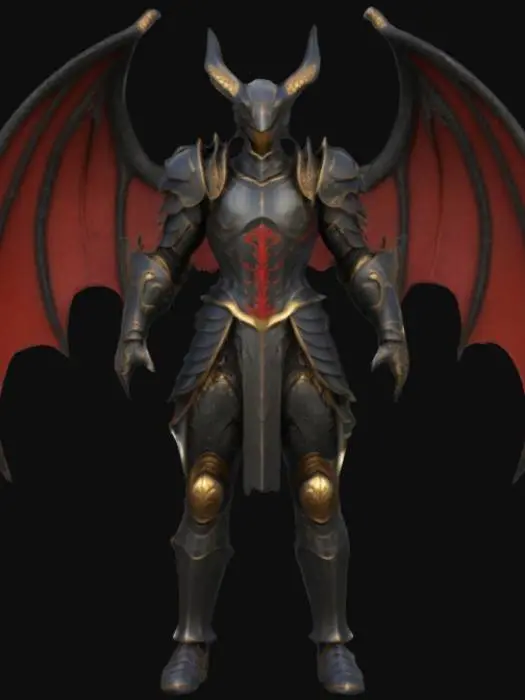 3D model for A full-body male war armor inspired by Metin2, designed as a hollow standalone armor shell with no body inside, perfect for equipping on a game character. The armor is crafted in a semi-realistic 3D stylized style, made from dark obsidian steel with ornate golden edges and red dragon-themed details. It features sharp, high-arched pauldrons, a chestplate engraved with a skull motif, segmented side armor panels, and layered thigh guards. The gauntlets are claw-shaped with ornamental ridges, and the greaves have beast-face knee guards. The helmet is open-faced or crown-style, fully visible and designed to allow the player’s head to appear through it. The interior of the armor must be visibly empty and modeled as a functional shell, full A-pose, with arms slightly out and legs slightly apart.