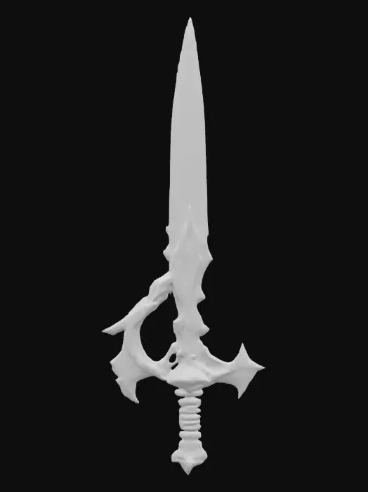 3D model for A mythological sword designed in the shape of a dick symbol, forged from dark obsidian metal with a glossy surface and crimson glowing veins along the blade. The hilt is sculpted to resemble anatomically explicit shapes dick, complete with engraved runes and textured leather wrapping. The guard features curved, horn-like extensions for dramatic effect, and the pommel ends in a spherical gem with a red pulsating glow. This weapon is rooted in ancient cult symbolism, standing upright as if embedded in stone, representing forbidden power and dark rituals. Designed in a semi-realistic 3D stylized style