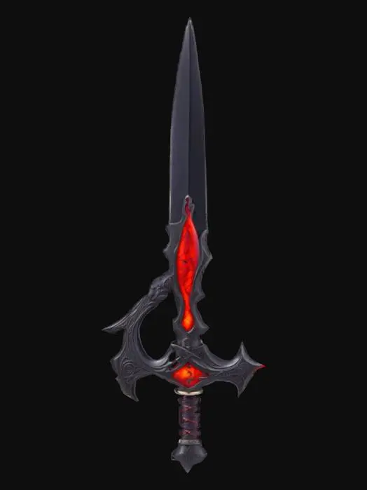 3D model for A mythological sword designed in the shape of a dick symbol, forged from dark obsidian metal with a glossy surface and crimson glowing veins along the blade. The hilt is sculpted to resemble anatomically explicit shapes dick, complete with engraved runes and textured leather wrapping. The guard features curved, horn-like extensions for dramatic effect, and the pommel ends in a spherical gem with a red pulsating glow. This weapon is rooted in ancient cult symbolism, standing upright as if embedded in stone, representing forbidden power and dark rituals. Designed in a semi-realistic 3D stylized style