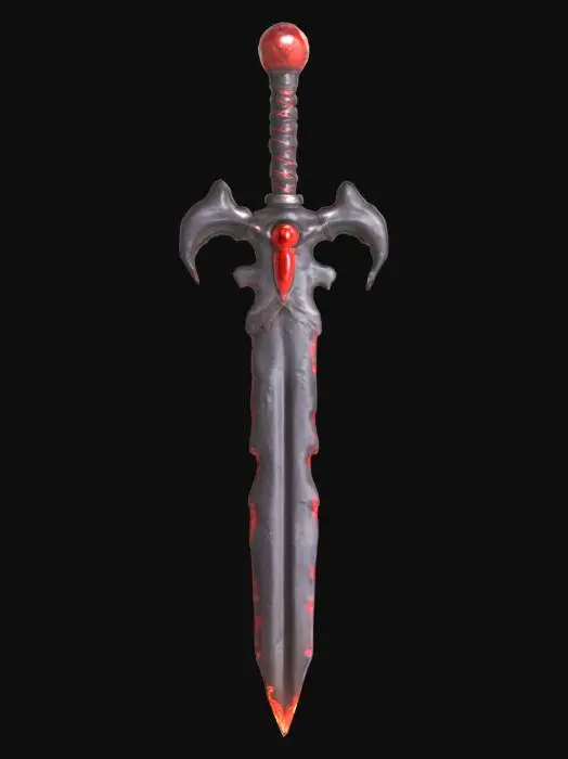 3D model for A mythological sword designed in the shape of a phallic symbol, forged from dark obsidian metal with a glossy surface and crimson glowing veins along the blade. The hilt is sculpted to resemble anatomically explicit shapes, complete with engraved runes and textured leather wrapping. The guard features curved, horn-like extensions for dramatic effect, and the pommel ends in a spherical gem with a red pulsating glow. This weapon is rooted in ancient cult symbolism, standing upright as if embedded in stone, representing forbidden power and dark rituals. Designed in a semi-realistic 3D stylized style