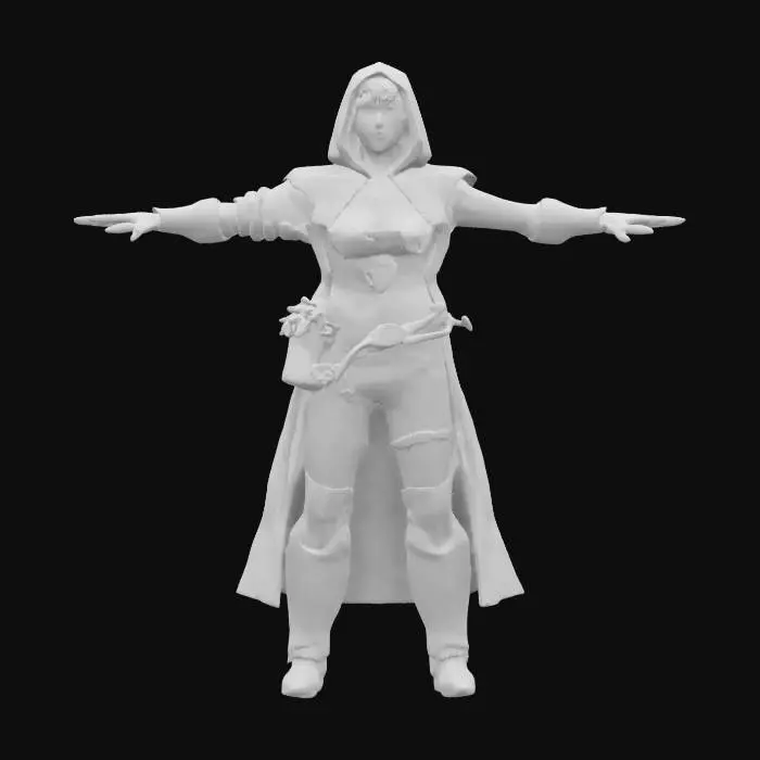 3D model for A realistic humanoid assassin character. Wearing an occult inspired dark and purple outfit with a short cloak. His hooded face is concealed by shadow. he has various weapons and tools on his belt and backpack.  Standing in a natural position,  T Pose.