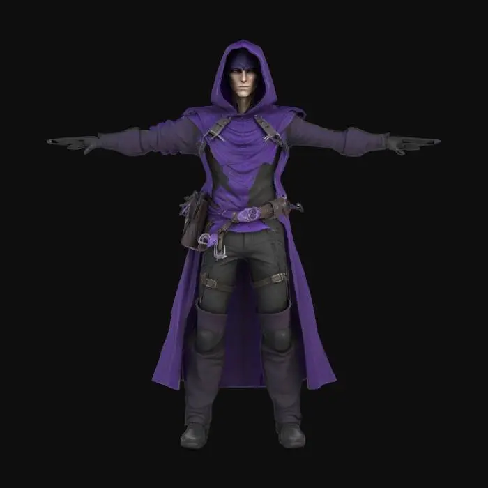 3D model for A realistic humanoid assassin character. Wearing an occult inspired dark and purple outfit with a short cloak. His hooded face is concealed by shadow. he has various weapons and tools on his belt and backpack.  Standing in a natural position,  T Pose.