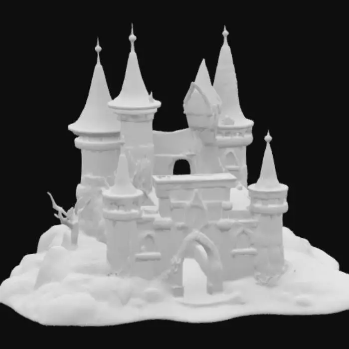 3D model for [Romania] A semi-realistic 3D stylized model of the Bran Castle, constructed from aged, weathered stone and ancient wood, with parts of the structure partially covered in green moss and mystical glowing runes. Some towers and walls of the castle float slightly above the ground, connected by twisting magical roots and shimmering ethereal lights. The flags atop the towers wave gently with a faint blue ghostly glow. The overall design feels enchanted yet ancient, preserving historical architecture while adding a surreal fantasy twist, ready for 3D modeling and animation workflows. , #AroundTheWorld#