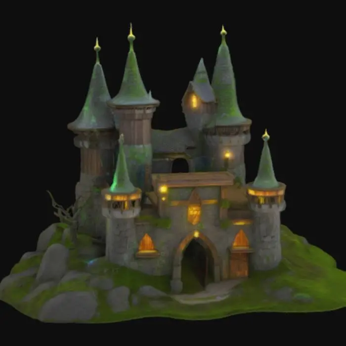 3D model for [Romania] A semi-realistic 3D stylized model of the Bran Castle, constructed from aged, weathered stone and ancient wood, with parts of the structure partially covered in green moss and mystical glowing runes. Some towers and walls of the castle float slightly above the ground, connected by twisting magical roots and shimmering ethereal lights. The flags atop the towers wave gently with a faint blue ghostly glow. The overall design feels enchanted yet ancient, preserving historical architecture while adding a surreal fantasy twist, ready for 3D modeling and animation workflows. , #AroundTheWorld#