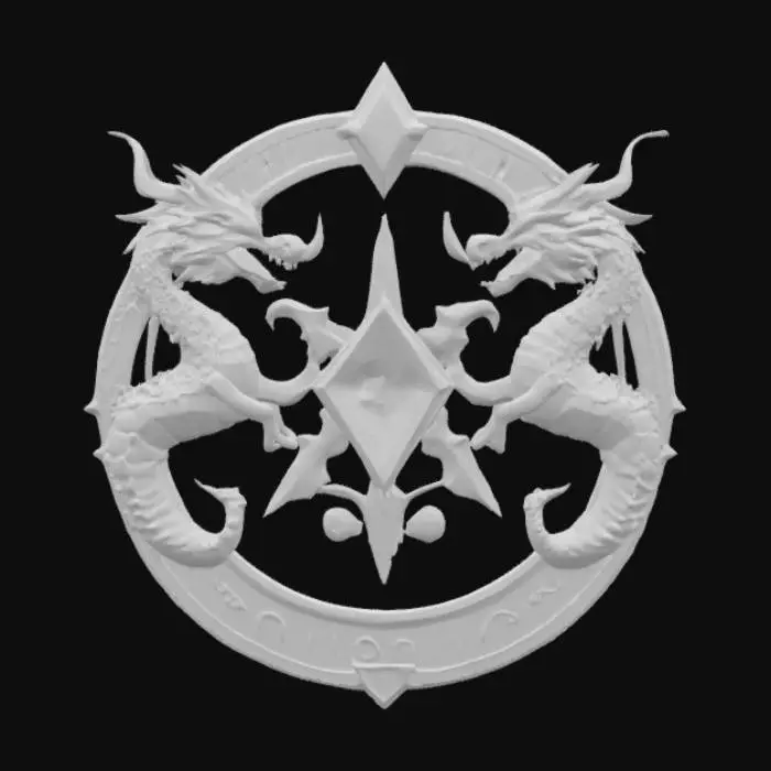 3D model for A magical fantasy emblem forged from dragonbone and burnished gold, shaped into a round crest with twin dragon heads facing opposite directions, encircling a central ruby flame. Scales and horns detail the surface, with ornate royal runes surrounding the core. It symbolizes power, legacy, and bloodlines of ancient dragonriders. The emblem radiates nobility and raw elemental strength. Designed in a semi-realistic 3D stylized style, ready for 3D modeling and animation workflows. , #emblem#