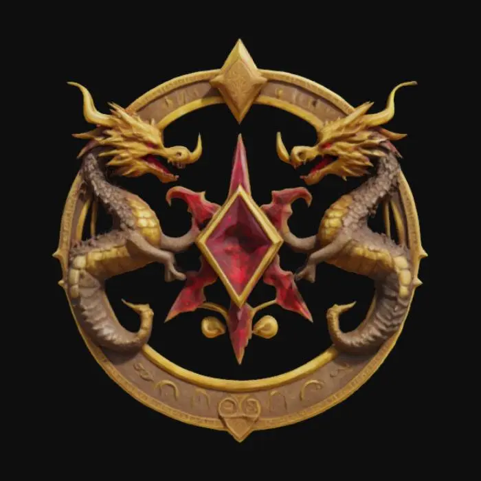 3D model for A magical fantasy emblem forged from dragonbone and burnished gold, shaped into a round crest with twin dragon heads facing opposite directions, encircling a central ruby flame. Scales and horns detail the surface, with ornate royal runes surrounding the core. It symbolizes power, legacy, and bloodlines of ancient dragonriders. The emblem radiates nobility and raw elemental strength. Designed in a semi-realistic 3D stylized style, ready for 3D modeling and animation workflows. , #emblem#