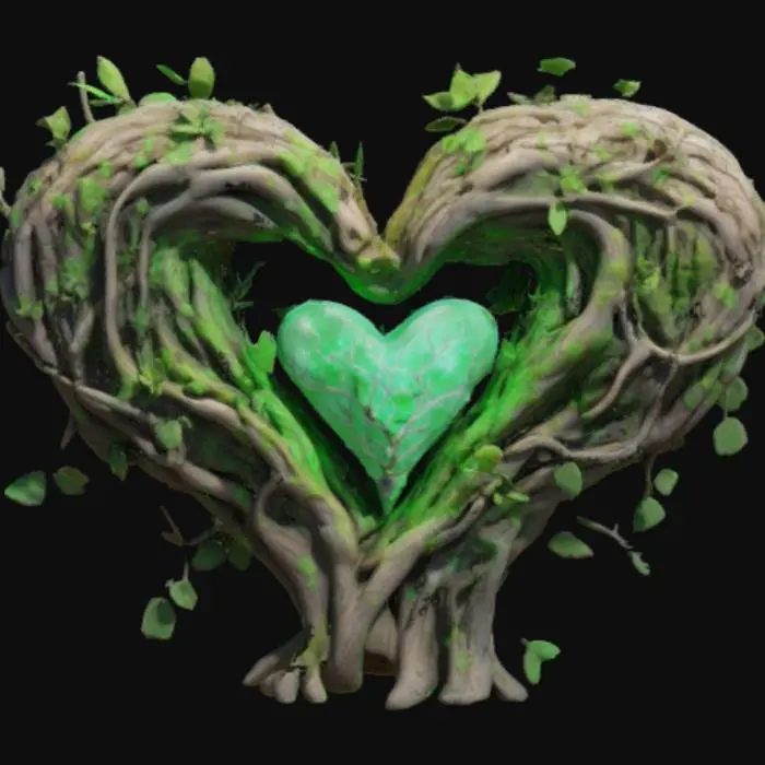 3D model for A magical fantasy emblem crafted from ancient oakwood and glowing green crystal, shaped like a leaf-veined heart encased in intertwining vines. Small forest spirits and runes are embedded subtly in the wood, pulsating with druidic energy. It represents life, nature’s will, and harmony with the wilds. Textures combine mossy bark, living roots, and natural crystal veins. Designed in a semi-realistic 3D stylized style, ready for 3D modeling and animation workflows. , #emblem#