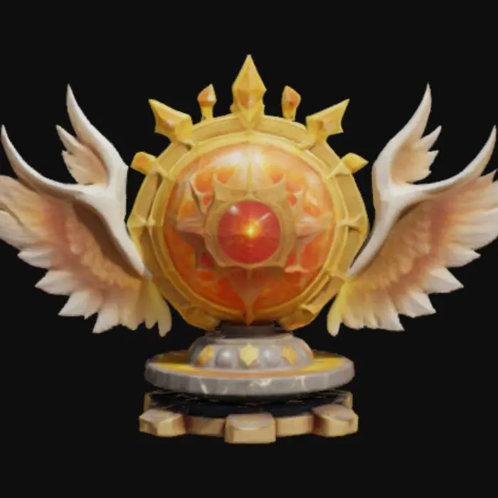3D model for A magical fantasy emblem sculpted from marble and enchanted gold, shaped like a radiant starburst with concentric rings inscribed with celestial symbols. In the center floats a levitating sunstone orb, glowing warmly. Angelic wings subtly arc around the base, forming a protective arc. It symbolizes divine magic, celestial balance, and inner light. Designed in a semi-realistic 3D stylized style, ready for 3D modeling and animation workflows. , #emblem#
