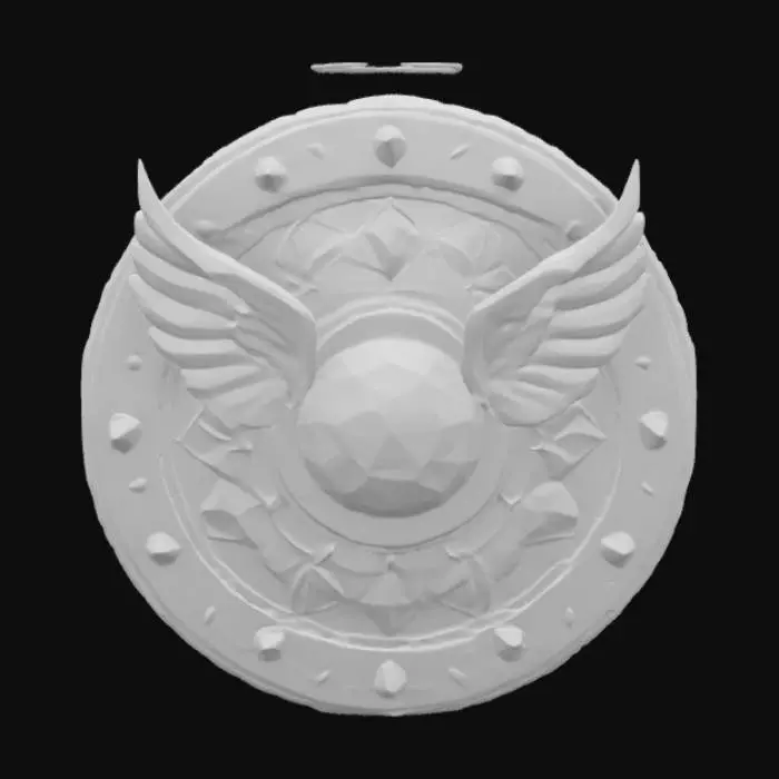 3D model for A magical fantasy emblem sculpted from marble and enchanted gold, shaped like a radiant starburst with concentric rings inscribed with celestial symbols. In the center floats a levitating sunstone orb, glowing warmly. Angelic wings subtly arc around the base, forming a protective arc. It symbolizes divine magic, celestial balance, and inner light. Designed in a semi-realistic 3D stylized style, ready for 3D modeling and animation workflows. , #emblem#