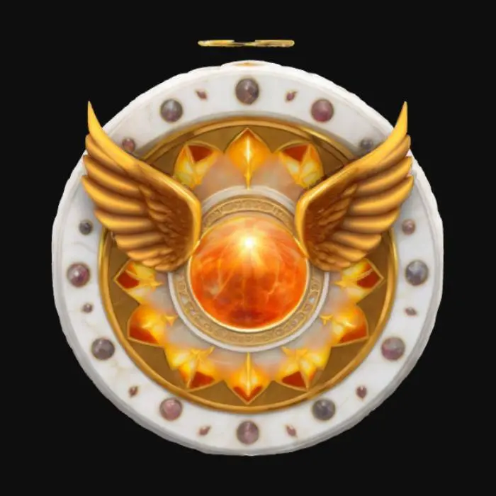 3D model for A magical fantasy emblem sculpted from marble and enchanted gold, shaped like a radiant starburst with concentric rings inscribed with celestial symbols. In the center floats a levitating sunstone orb, glowing warmly. Angelic wings subtly arc around the base, forming a protective arc. It symbolizes divine magic, celestial balance, and inner light. Designed in a semi-realistic 3D stylized style, ready for 3D modeling and animation workflows. , #emblem#
