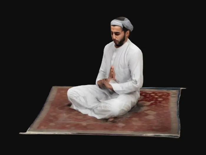 3D model for an arabic man praying on the carpet, prostration on the ground.