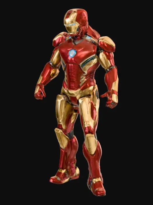 3D model for Create a highly detailed 3D model of the Iron Man Mark 42 suit. The suit should be full-body, humanoid, and standing upright in a heroic pose. It should feature the iconic gold and red armor plating with a metallic, glossy finish. The chest should include the circular arc reactor glowing with a bright white-blue light. Add intricate mechanical details on the joints, arms, and legs. The helmet should have the recognizable Iron Man design with glowing white eye slits. The overall look should be sleek, futuristic, and realistic, suitable for a cinematic scene.

