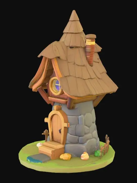 3D model for Low poly wizard tower, cozy fantasy style, Animal Crossing aesthetic, 
flat colors, simple geometry, cartoonish, stylized, no realistic textures