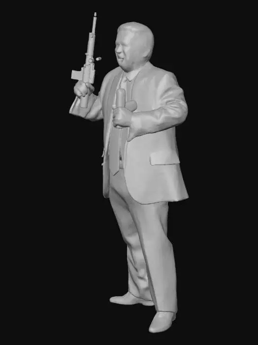 3D model for Donald Trump with an insanely fierce look on his face with red eyes and yellow teeth, a knife in one hand and a AR15 gun in the other hand, wearing a blue suit with a long red tie