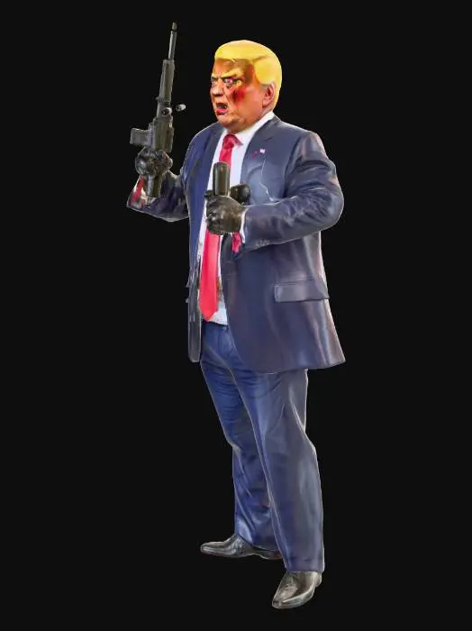 3D model for Donald Trump with an insanely fierce look on his face with red eyes and yellow teeth, a knife in one hand and a AR15 gun in the other hand, wearing a blue suit with a long red tie