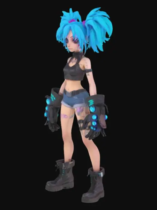 3D model for персонаж Джинкс в перчатках в стиле Ребекки из аниме киберпанк