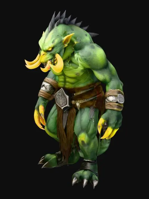 3D model for A highly detailed fantasy monster model with a massive, muscular body and rough, pale green skin covered in dark green scales and black spots. It has a fierce face with glowing yellow eyes, sharp tusks, and pointed ears. The creature wears weathered silver wristbands and a dark brown fur loincloth with a metal belt. Its large hands and feet have sharp, dark claws, giving it a powerful and battle-ready appearance