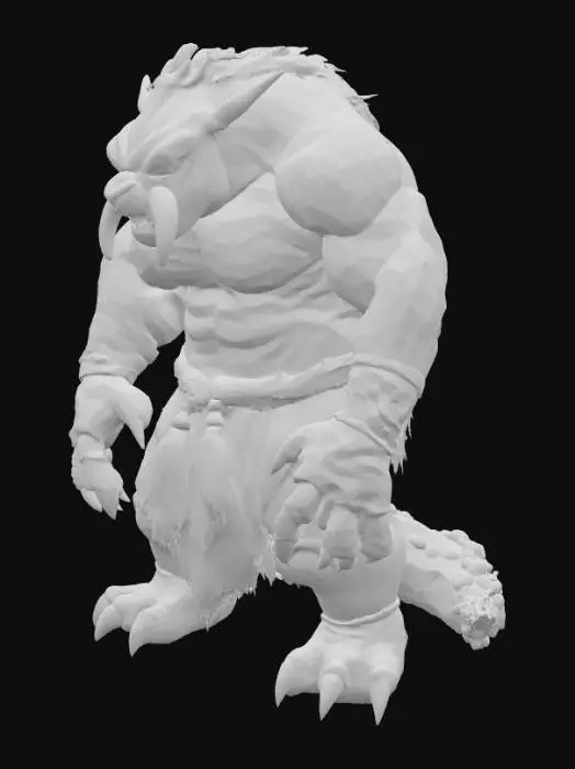 3D model for A highly detailed fantasy monster model with a massive, muscular body and rough, pale green skin covered in dark green scales and black spots. It has a fierce face with glowing yellow eyes, sharp tusks, and pointed ears. The creature wears weathered silver wristbands and a dark brown fur loincloth with a metal belt. Its large hands and feet have sharp, dark claws, giving it a powerful and battle-ready appearance
