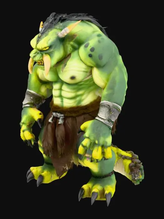 3D model for A highly detailed fantasy monster model with a massive, muscular body and rough, pale green skin covered in dark green scales and black spots. It has a fierce face with glowing yellow eyes, sharp tusks, and pointed ears. The creature wears weathered silver wristbands and a dark brown fur loincloth with a metal belt. Its large hands and feet have sharp, dark claws, giving it a powerful and battle-ready appearance