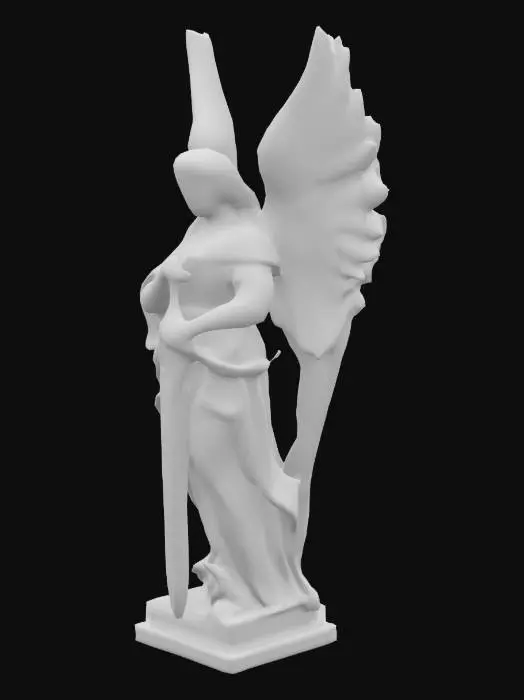 3D model for An statue made of stone resembling and angel with wings close to the dody and having a sword in one hand blessing with the other one