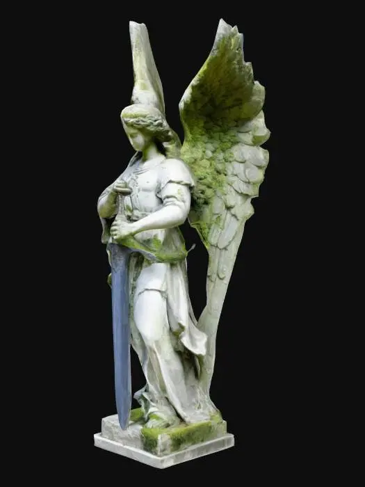 3D model for An statue made of stone resembling and angel with wings close to the dody and having a sword in one hand blessing with the other one