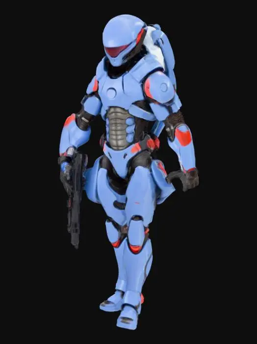 3D model for A Scout from an alien civilization with a streamlined, bionic body covered in deep blue high-hardness ceramic armor. Red biopolymer patches are visible at the armor joints. He carries a rifle that fires high-thermal plasma. Requirement: Biomechanic style, emphasize the smoothness and hardness of the ceramic, precise gaps and connection details between armor plates.