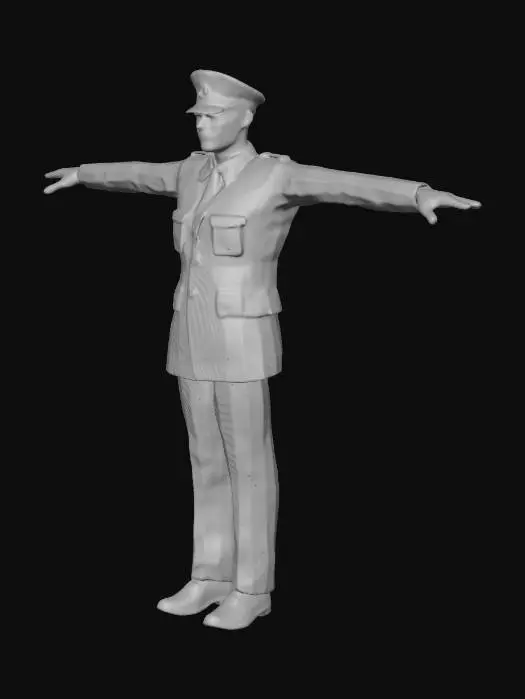 3D model for Full body 3D military officer character, standing in relaxed T-pose, arms slightly away from the body. Slight top-down angle reference. Realistic proportions (no cartoon exaggeration).

Low-poly geometry (optimized game-ready mesh, under 25k triangles). Clean topology, no unnecessary subdivisions. Smooth shading enabled.

Wearing a dark olive green formal military uniform. Structured jacket with gold buttons, subtle chest ribbon bars, small metallic badges, collar insignia, and shoulder rank details. Brown necktie. Matching olive trousers with belt and simple metal buckle. Black polished military shoes.

Dark olive peaked military cap with gold trim and front emblem. Face realistic but simplified geometry (low polygon count), light skin tone, neutral expression, no facial hair.