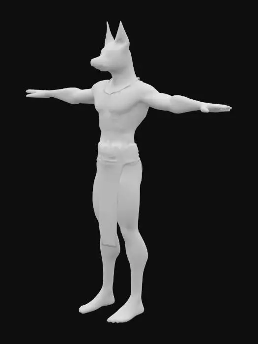 3D model for Um modelo 3D do deus egípcio Anúbis em T-pose, com uma cabeça de doberman proeminentemente grande e desproporcional ao seu corpo humanoide atlético. A pelagem da cabeça é curta e escura, com um brilho sutil, e as orelhas pontudas se erguem. O corpo tem uma pele escura e lisa. Ele veste uma túnica texturizada que parece linho grosso ou algodão, com dobras suaves. Detalhes de adornos metálicos, se presentes, são de um ouro ou bronze polido, contrastando com o tom escuro da pele e da roupa.