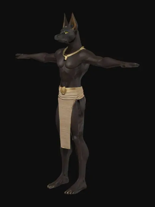 3D model for Um modelo 3D do deus egípcio Anúbis em T-pose, com uma cabeça de doberman proeminentemente grande e desproporcional ao seu corpo humanoide atlético. A pelagem da cabeça é curta e escura, com um brilho sutil, e as orelhas pontudas se erguem. O corpo tem uma pele escura e lisa. Ele veste uma túnica texturizada que parece linho grosso ou algodão, com dobras suaves. Detalhes de adornos metálicos, se presentes, são de um ouro ou bronze polido, contrastando com o tom escuro da pele e da roupa.