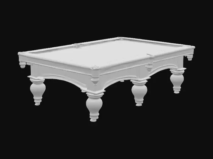 3D model for A substantial snooker table crafted from dark, polished mahogany, exhibiting a rich, smooth grain and a deep, reddish-brown hue. Its expansive rectangular playing surface is covered in tightly stretched, vibrant emerald green felt, soft to the touch with a subtle nap. Six sturdy, turned legs provide robust support, terminating in polished brass feet. The pockets are framed by decorative, antique brass rails, adding a cool, metallic texture to the otherwise warm, weighty timber.