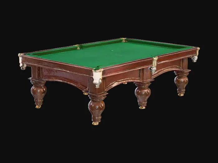 3D model for A substantial snooker table crafted from dark, polished mahogany, exhibiting a rich, smooth grain and a deep, reddish-brown hue. Its expansive rectangular playing surface is covered in tightly stretched, vibrant emerald green felt, soft to the touch with a subtle nap. Six sturdy, turned legs provide robust support, terminating in polished brass feet. The pockets are framed by decorative, antique brass rails, adding a cool, metallic texture to the otherwise warm, weighty timber.
