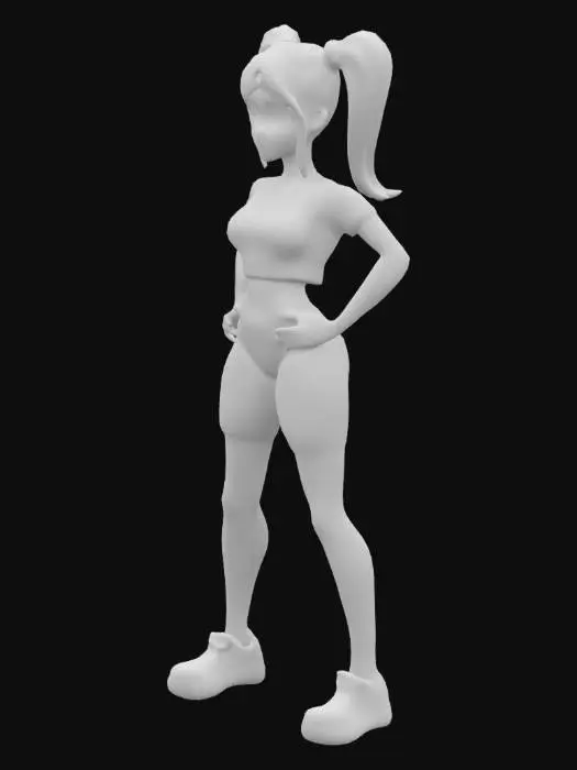 3D model for Full Body Woman Game Character, short  black T-shirt, short leggings short, long blonde hair with purple stripes in ponytails on both sides, simple detailed colorful 