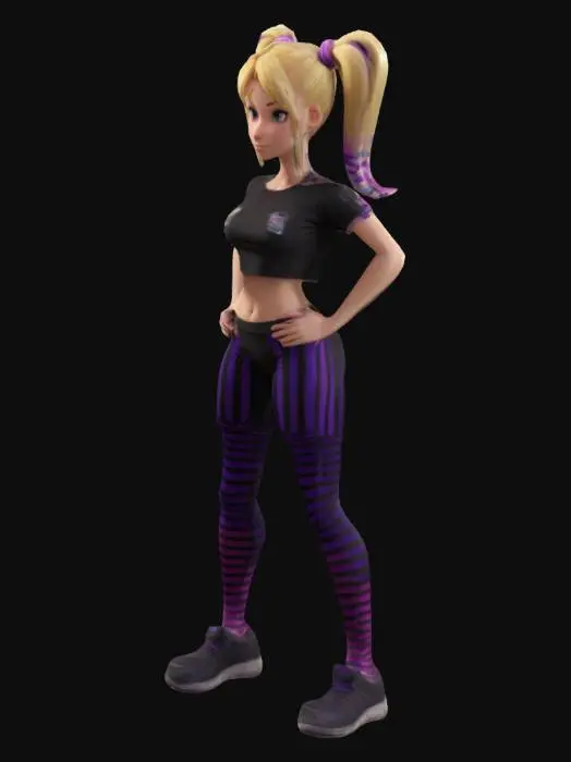 3D model for Full Body Woman Game Character, short  black T-shirt, short leggings short, long blonde hair with purple stripes in ponytails on both sides, simple detailed colorful 